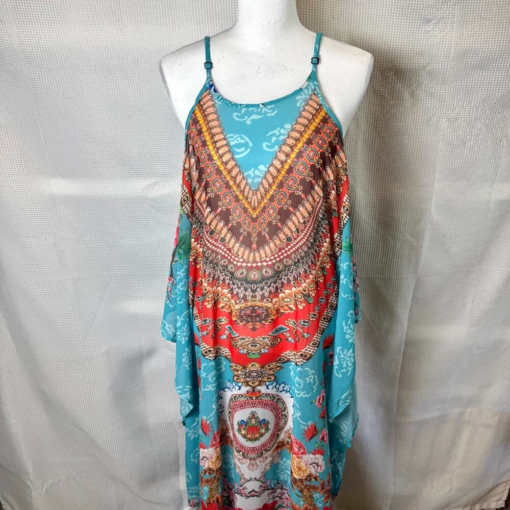 Women's Long Tunic Kaftan White Mark Cover-Up Aqua Multi-Color Paisley Boho